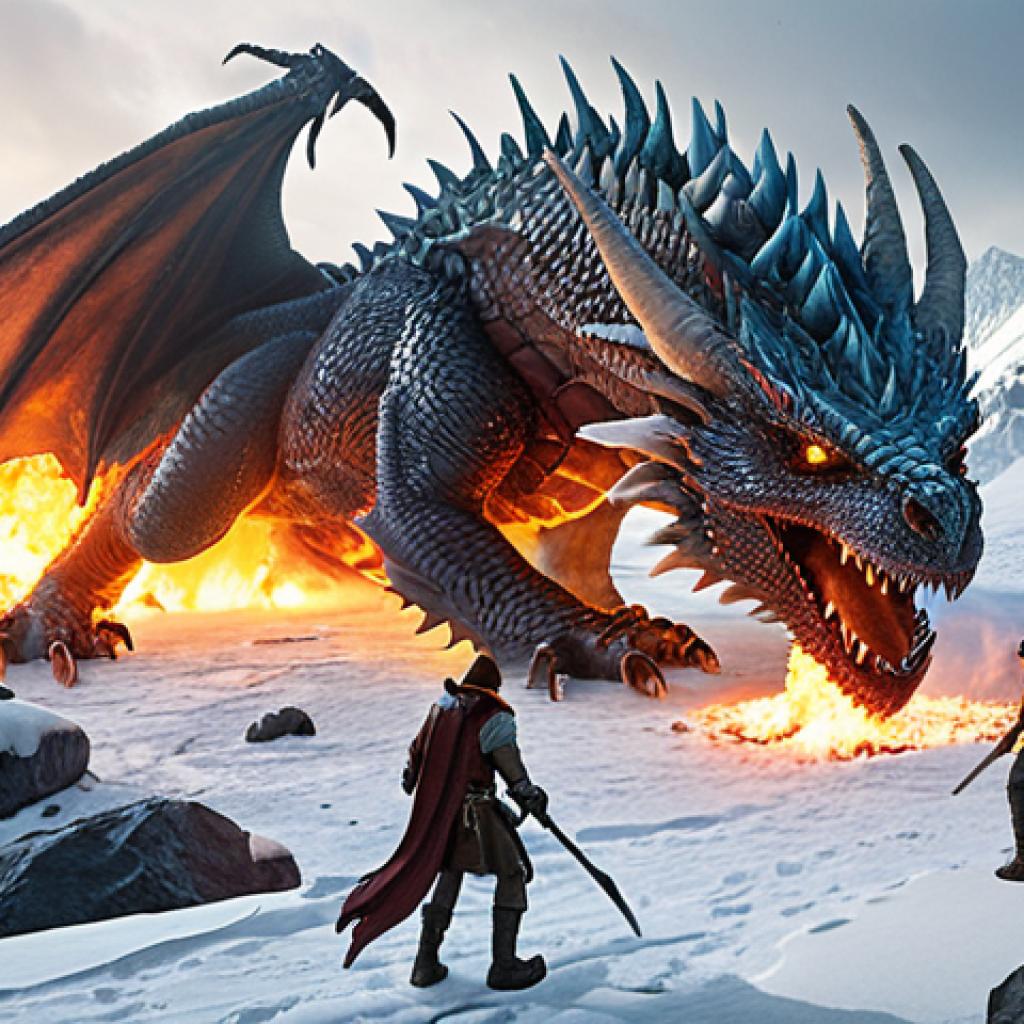 ** A team of adventurers strategically battling an Ice Dragon boss in a snowy landscape, focusing on fire elemental damage.

**