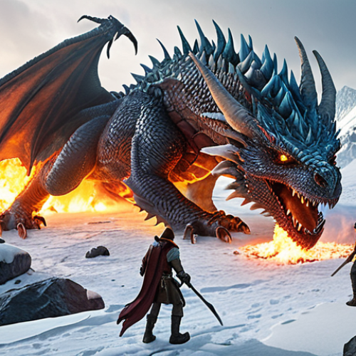 ** A team of adventurers strategically battling an Ice Dragon boss in a snowy landscape, focusing on fire elemental damage.

**
