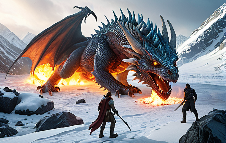 ** A team of adventurers strategically battling an Ice Dragon boss in a snowy landscape, focusing on fire elemental damage.
**