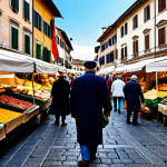 ** A busy Italian marketplace scene during the day, filled with stalls overflowing with colorful produce, cheeses, and meats. Vendors in traditional clothing interact with customers. In the background, historic buildings line the square. Safe for work, appropriate content, fully clothed, professional, modest, perfect anatomy, natural proportions, vibrant colors, high-quality photograph.

**