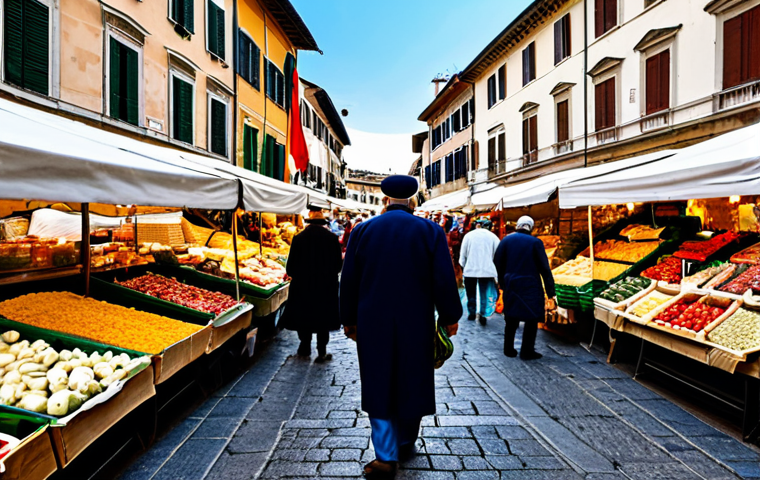 ** A busy Italian marketplace scene during the day, filled with stalls overflowing with colorful produce, cheeses, and meats. Vendors in traditional clothing interact with customers. In the background, historic buildings line the square. Safe for work, appropriate content, fully clothed, professional, modest, perfect anatomy, natural proportions, vibrant colors, high-quality photograph.
**