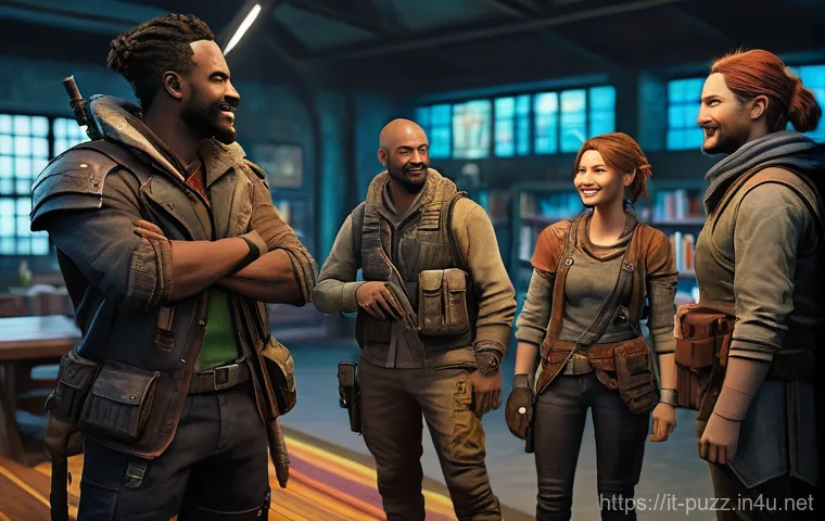 퍼즐오브Z 길드 가입 팁 - A vibrant and diverse group of survivors in a well-maintained, post-apocalyptic community hub, possi...