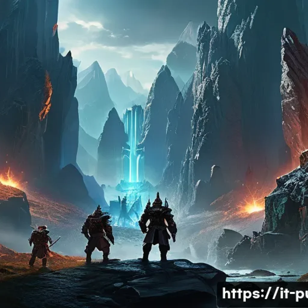 퍼즐오브Z 희귀 재료 수집법 - A high-level fantasy game environment depicting a rugged mountainous zone with fierce, armored warri...