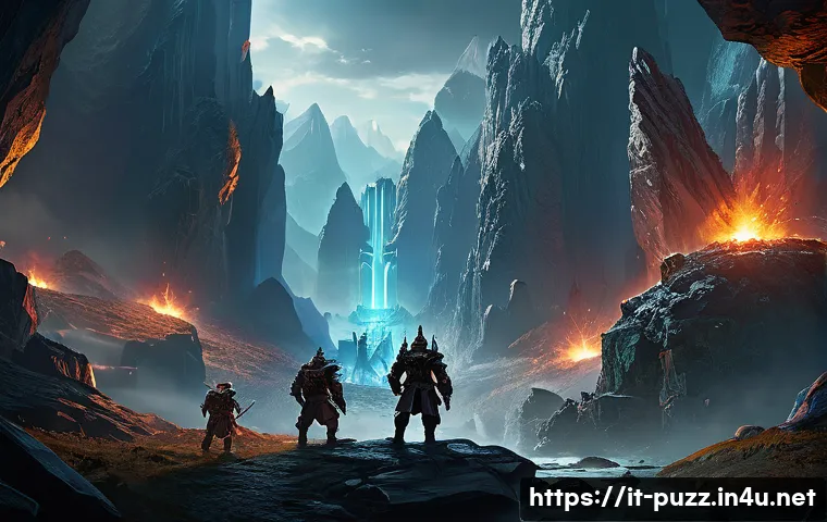 퍼즐오브Z 희귀 재료 수집법 - A high-level fantasy game environment depicting a rugged mountainous zone with fierce, armored warri...
