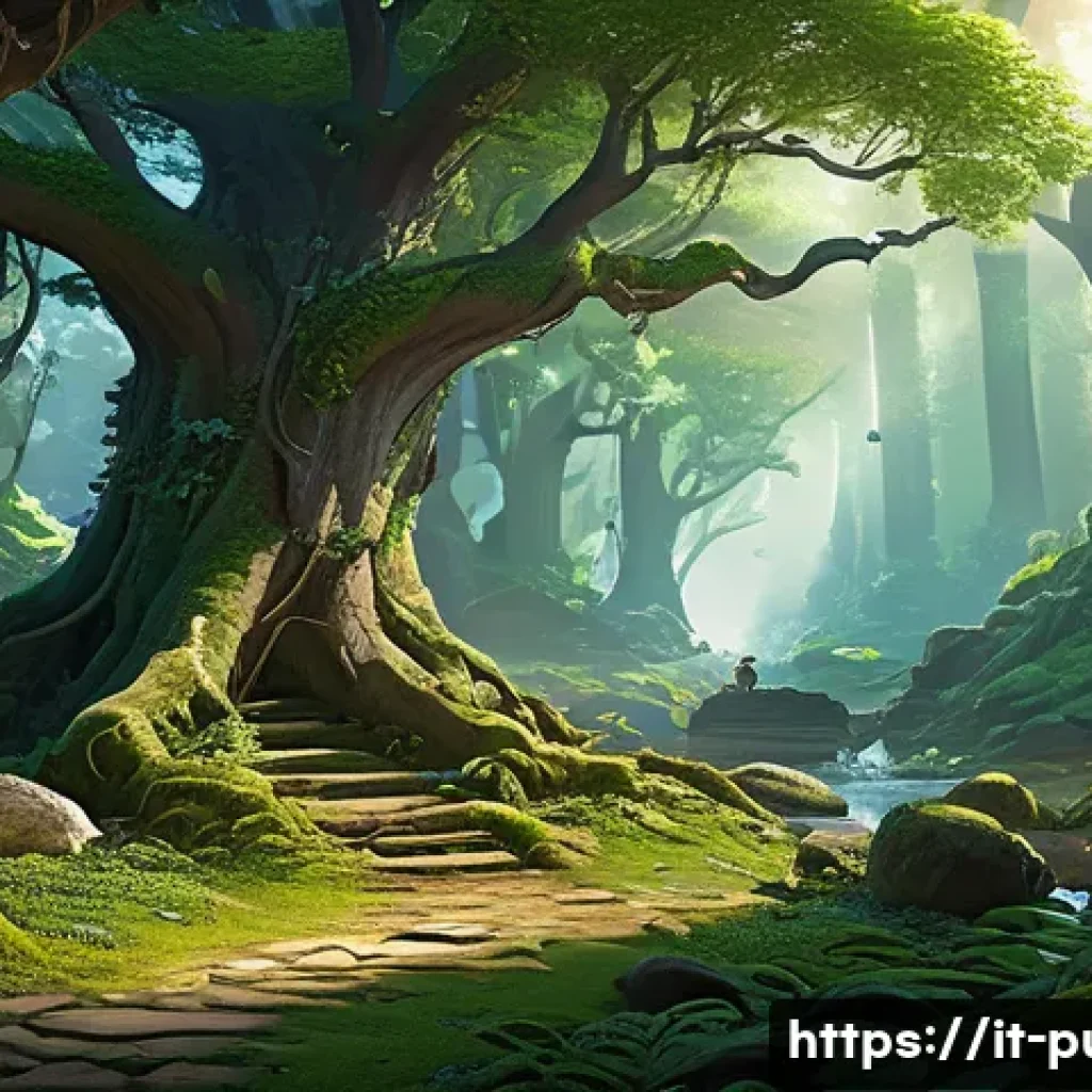 퍼즐오브Z 지역별 퀘스트 공략 - A vibrant and detailed fantasy forest environment filled with lush greenery, ancient trees, and natu...