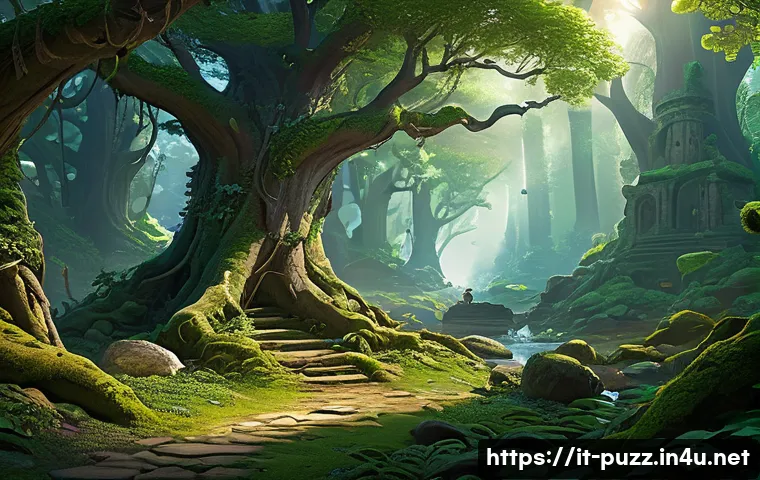 퍼즐오브Z 지역별 퀘스트 공략 - A vibrant and detailed fantasy forest environment filled with lush greenery, ancient trees, and natu...