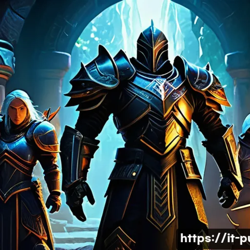 퍼즐오브Z 레이드 입장 조건 - A dynamic fantasy raid team assembled in a vibrant, high-tech dungeon environment, featuring four ch...