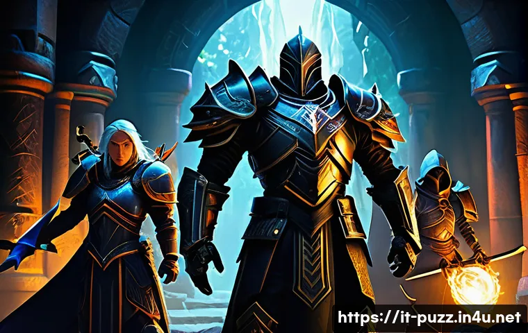 퍼즐오브Z 레이드 입장 조건 - A dynamic fantasy raid team assembled in a vibrant, high-tech dungeon environment, featuring four ch...