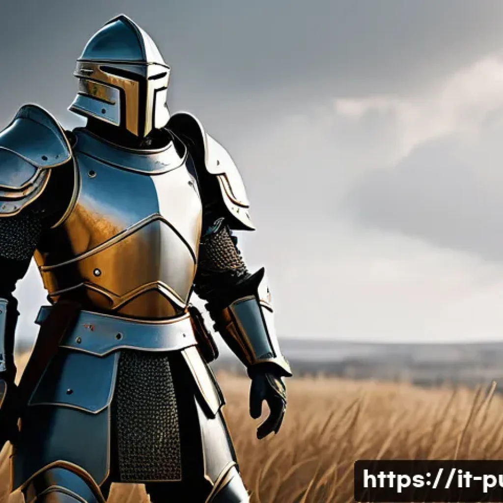 퍼즐오브Z 방어형 클래스 장점 - A heavily armored defensive warrior standing confidently on a battlefield, wearing detailed balanced...