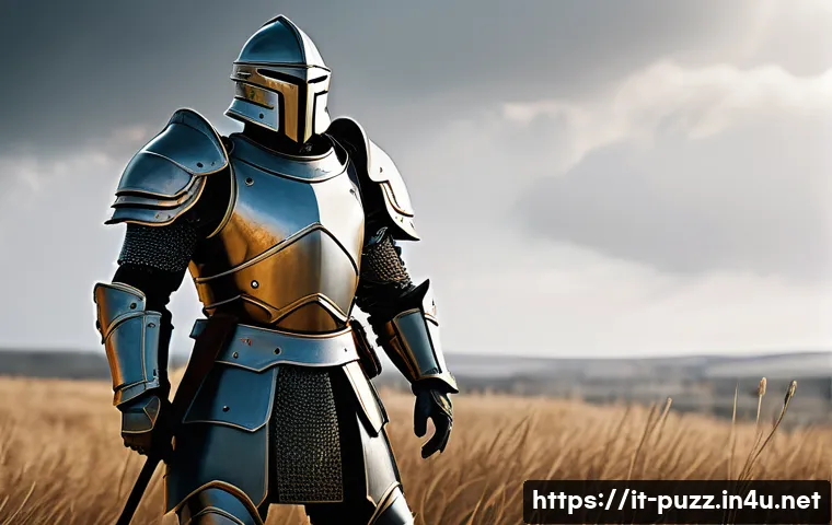 퍼즐오브Z 방어형 클래스 장점 - A heavily armored defensive warrior standing confidently on a battlefield, wearing detailed balanced...