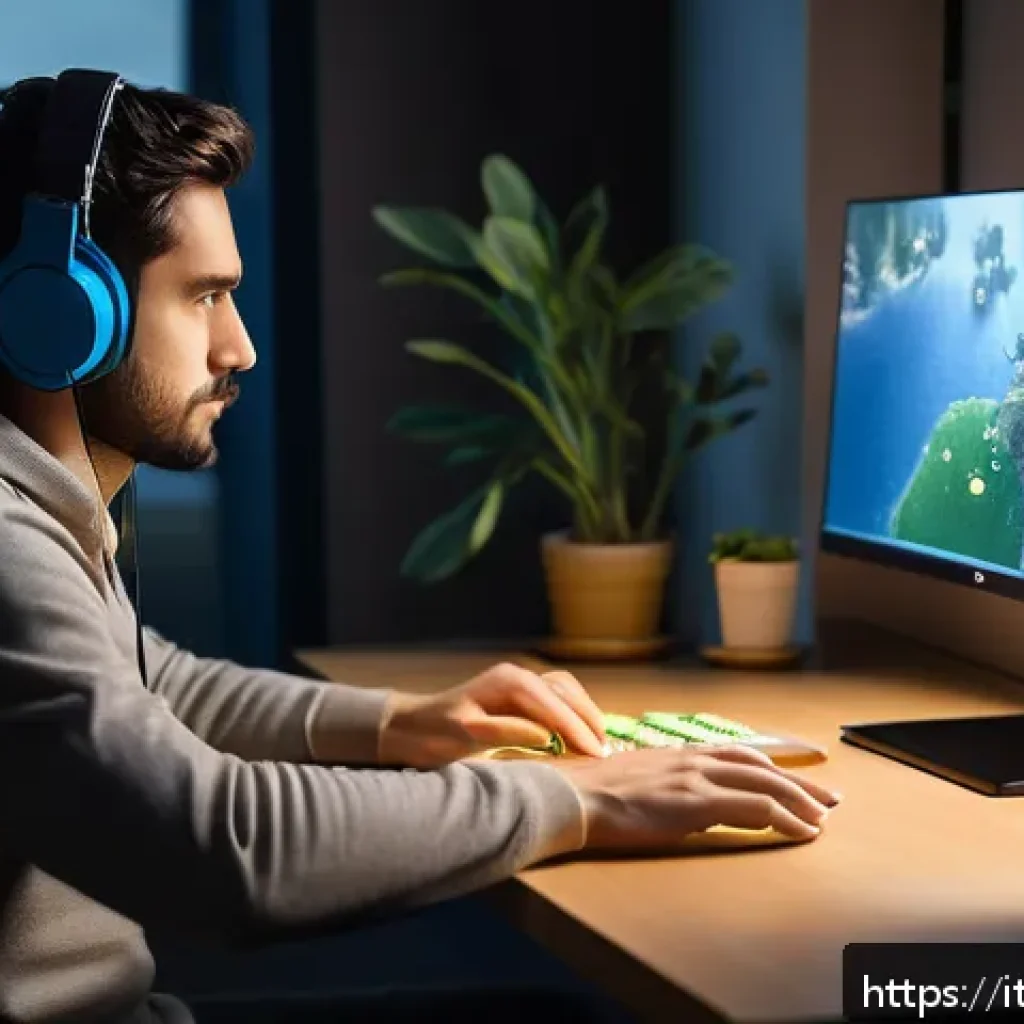 퍼즐오브Z 솔로 플레이 추천 - A focused gamer sitting at a modern desk in a cozy, softly lit room, playing a puzzle video game on ...