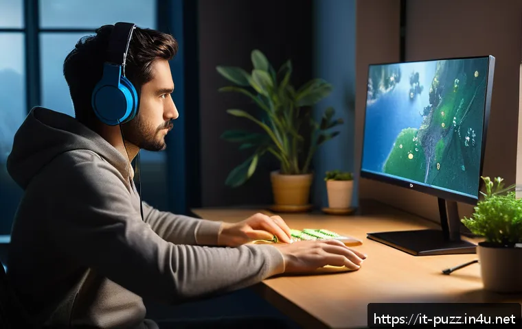 퍼즐오브Z 솔로 플레이 추천 - A focused gamer sitting at a modern desk in a cozy, softly lit room, playing a puzzle video game on ...