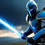 퍼즐오브Z PVP 필수 아이템 - A powerful fantasy warrior character equipped with the "Lightning Blade," a sleek and glowing electr...