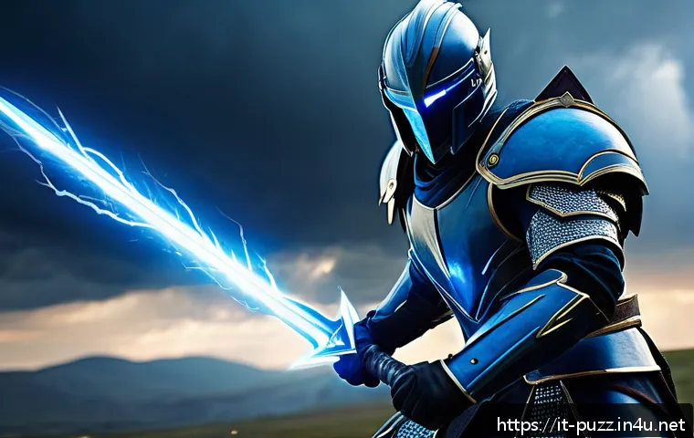 퍼즐오브Z PVP 필수 아이템 - A powerful fantasy warrior character equipped with the "Lightning Blade," a sleek and glowing electr...