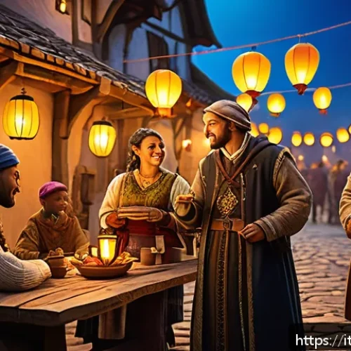 퍼즐오브Z NPC 호감도 시스템 - A cozy medieval village festival scene in a vibrant fantasy RPG world, featuring diverse NPC charact...