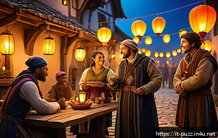 퍼즐오브Z NPC 호감도 시스템 - A cozy medieval village festival scene in a vibrant fantasy RPG world, featuring diverse NPC charact...