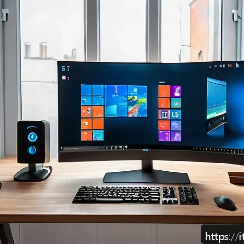 퍼즐오브Z 클라이언트 설치법 - A modern Italian home office setup featuring a sleek PC tower with RGB lighting, dual monitors displ...