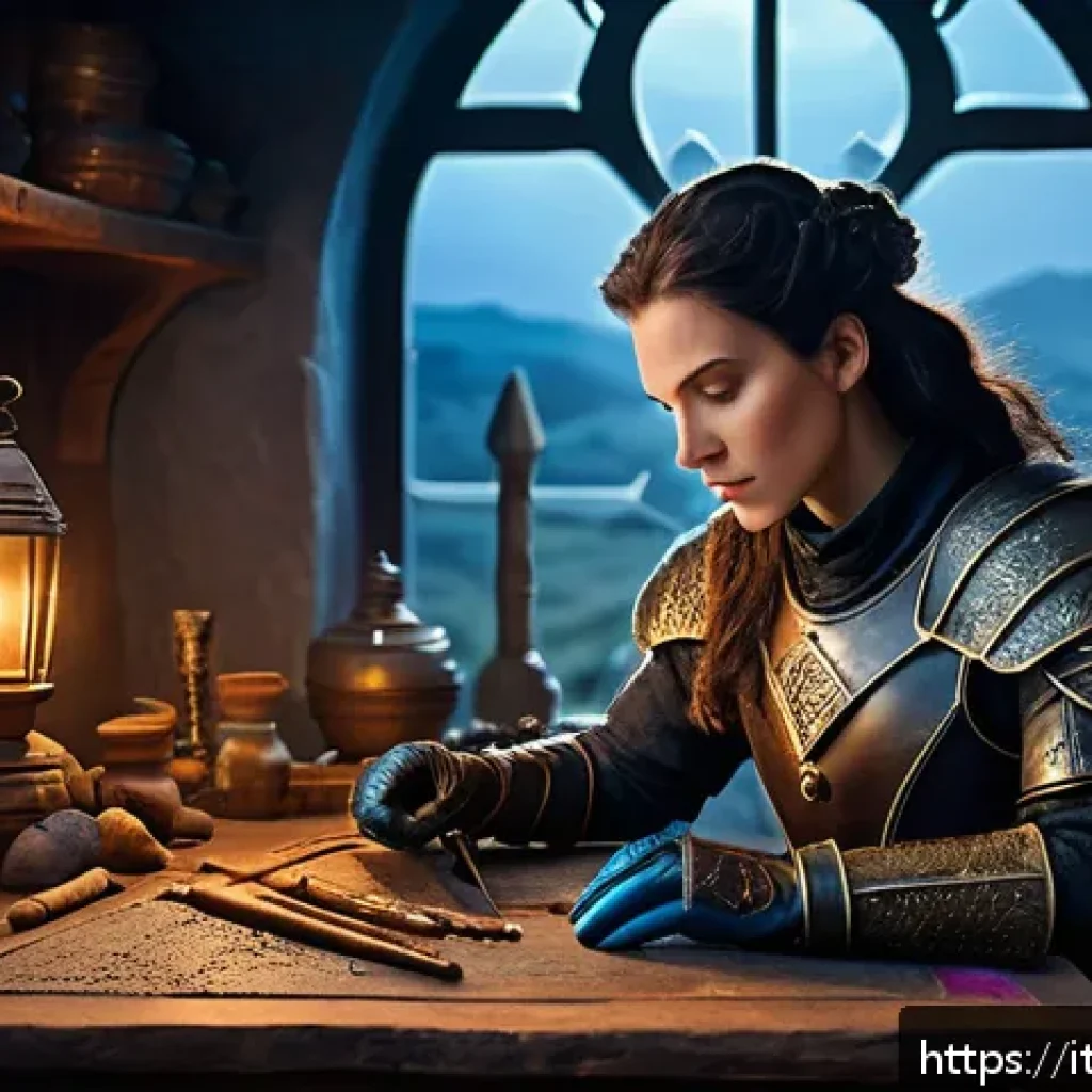 퍼즐오브Z 전설 아이템 제작법 - A dynamic fantasy crafting workshop scene featuring an experienced female artisan in her mid-30s wea...
