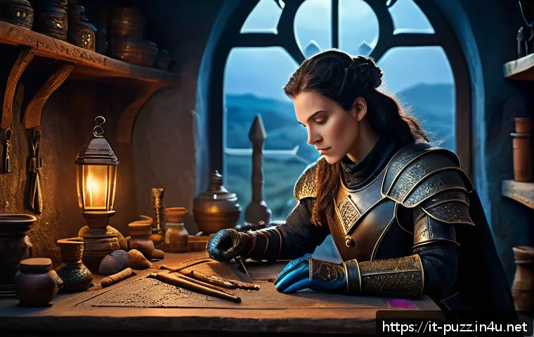 퍼즐오브Z 전설 아이템 제작법 - A dynamic fantasy crafting workshop scene featuring an experienced female artisan in her mid-30s wea...
