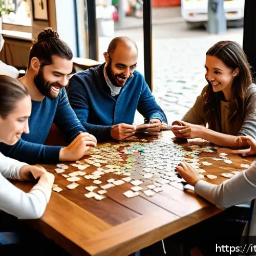 퍼즐오브Z 커뮤니티 이벤트 - A vibrant and engaging scene of a diverse group of Italian puzzle enthusiasts gathered around a larg...