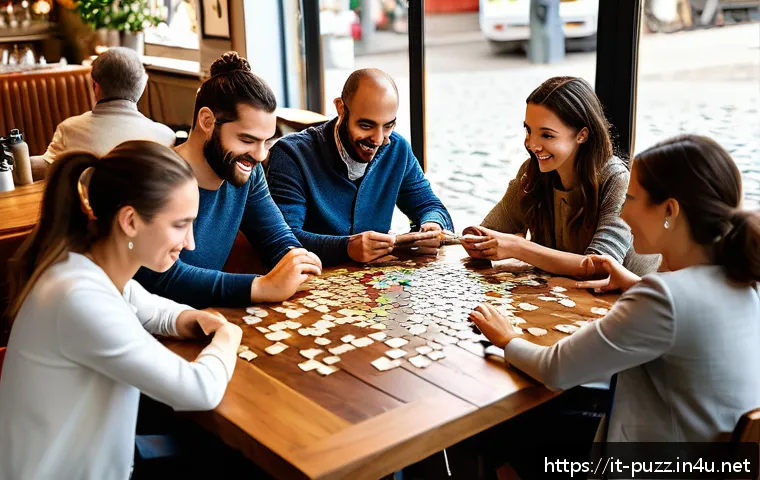 퍼즐오브Z 커뮤니티 이벤트 - A vibrant and engaging scene of a diverse group of Italian puzzle enthusiasts gathered around a larg...