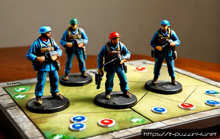 퍼즐오브Z 최고의 클래스 조합 - Photorealistic tabletop strategy scene showing a balanced zombie-survival team composition: a rugged...